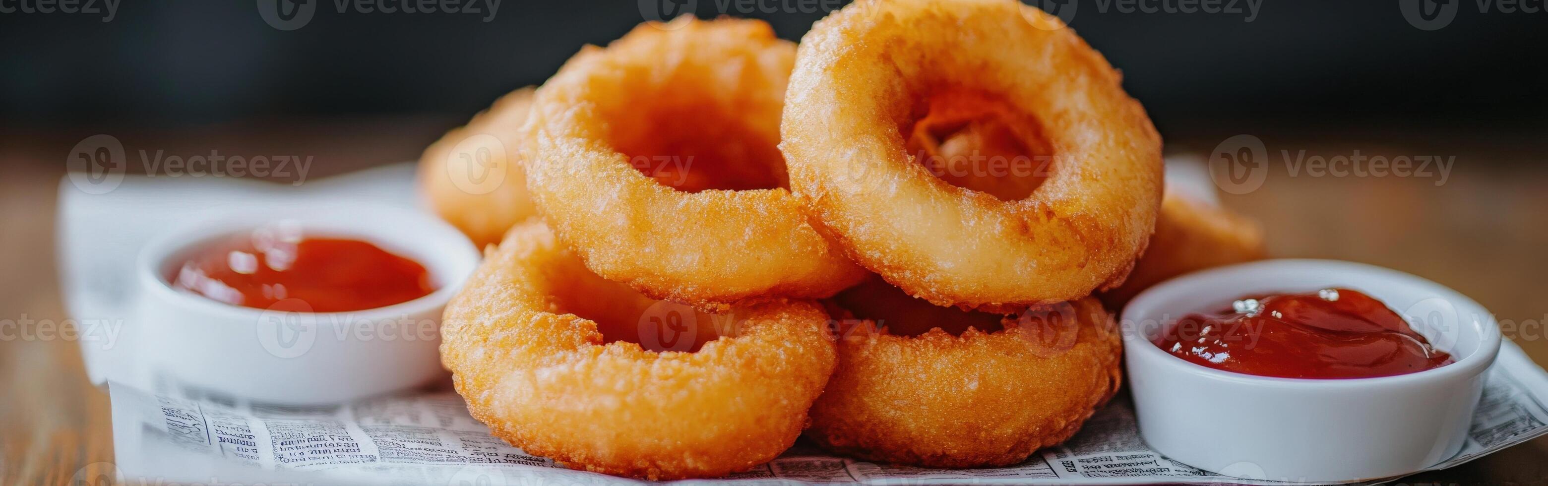 Crispy onion rings served with tangy ketchup on a wooden table photo