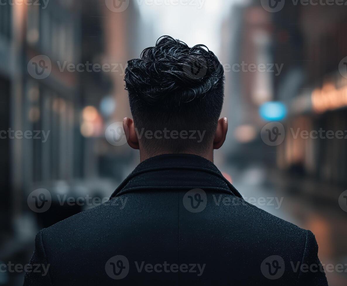 Man walking in urban alley on a rainy day during evening hours photo