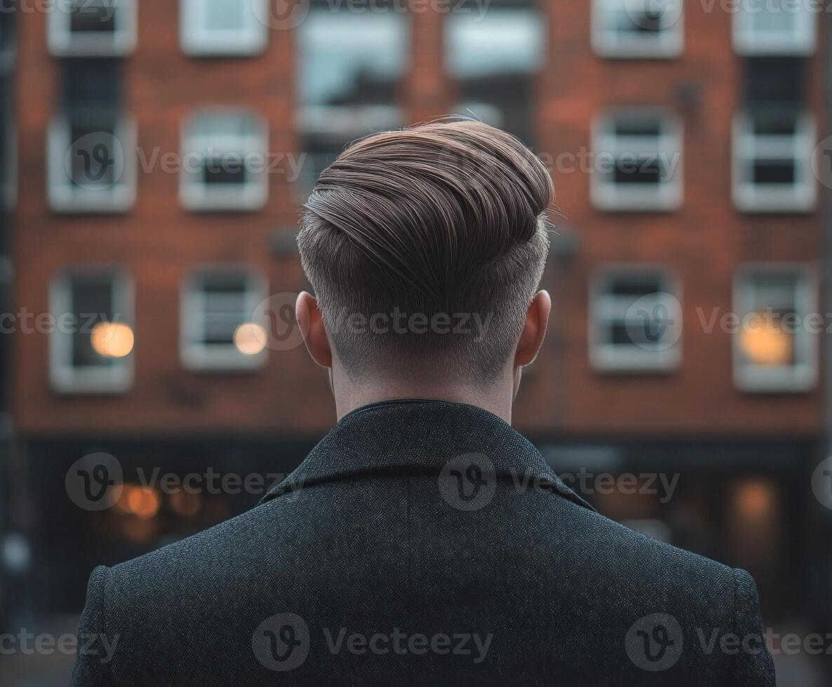 Man looking at urban skyline with modern architecture in evening light photo