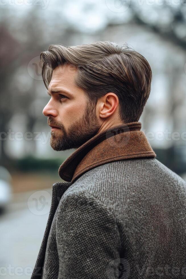 Stylish man with well-groomed hair and beard walk in urban setting photo