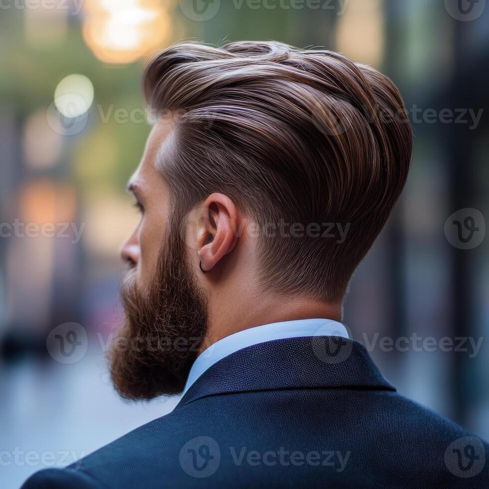 Man with stylish haircut and beard walks in urban setting during daytime photo