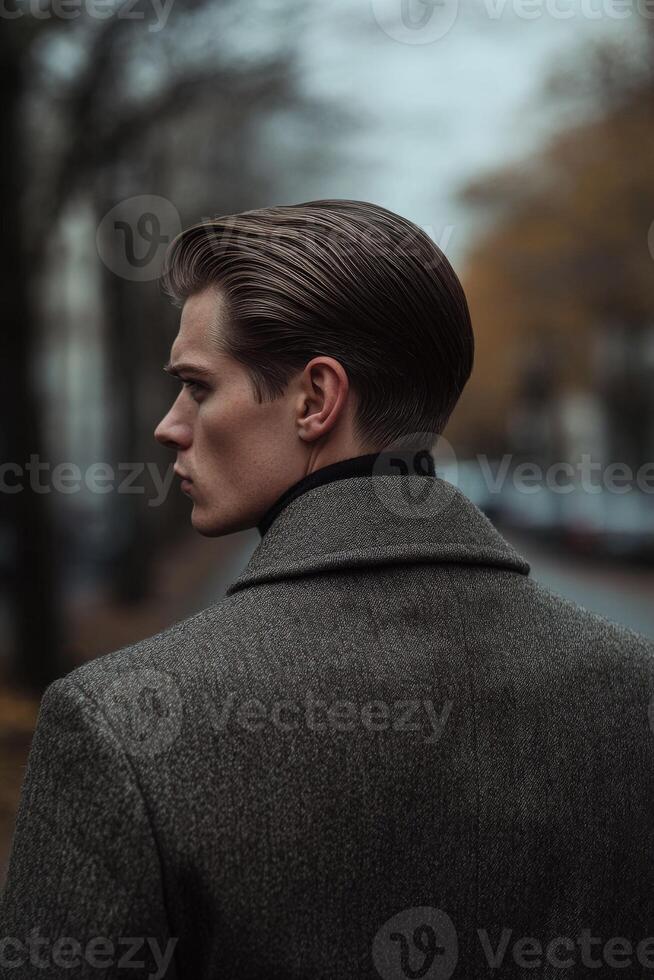 Stylish man walks through an autumn street with a sophisticated coat photo