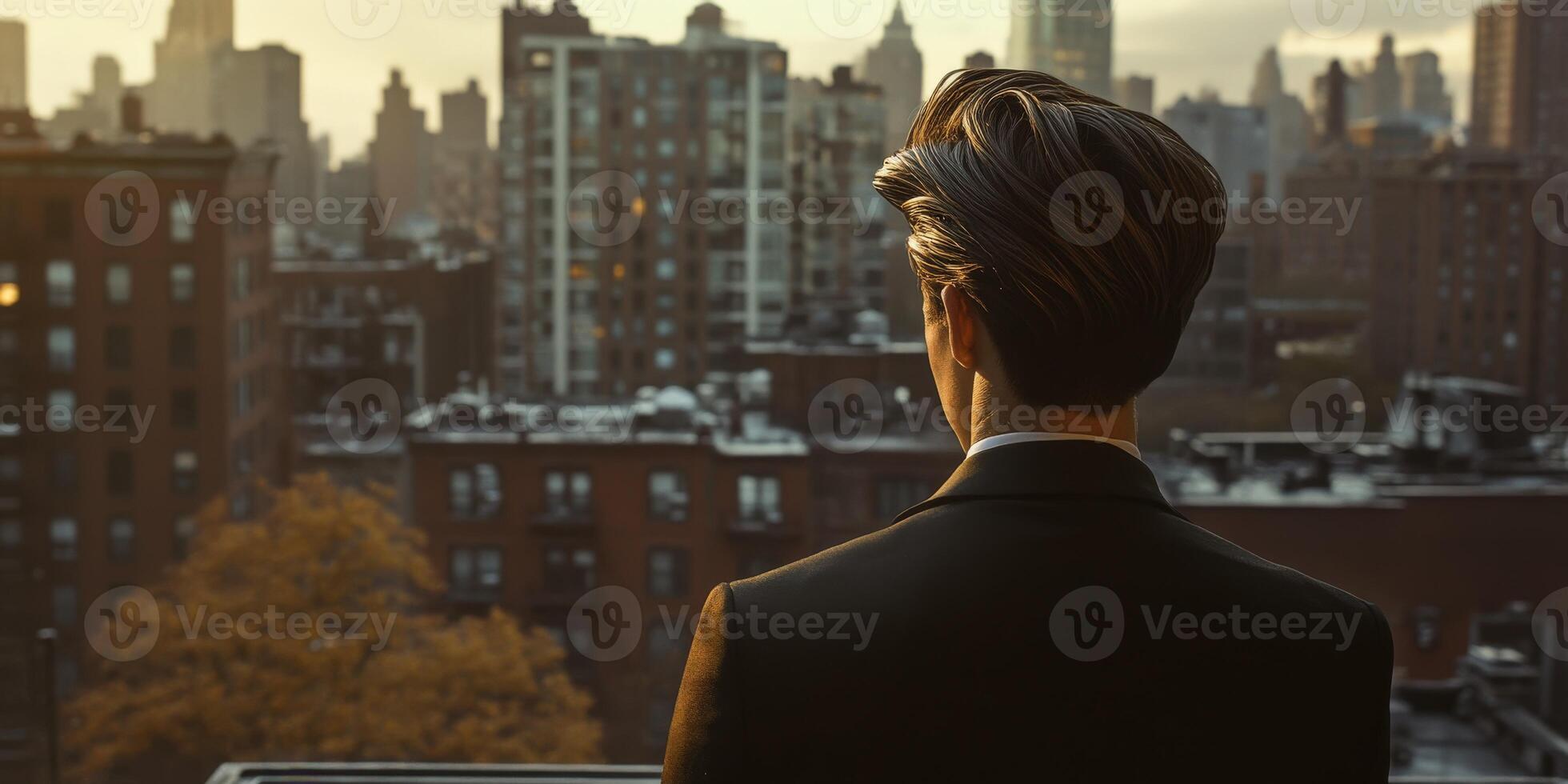 City skyline at sunset viewed by a man in a suit on a rooftop photo