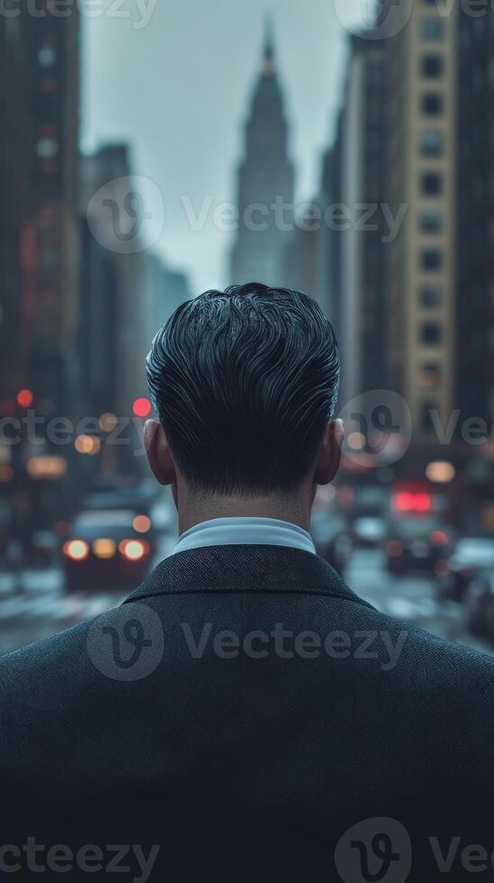 Man in a suit gazes at a bustling city street during twilight hours photo