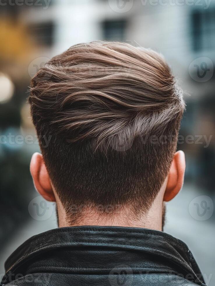 Stylish haircut features natural texture on urban street backdrop photo