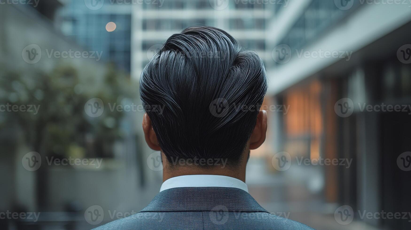 Person with slicked-back hair walks through a modern cityscape in the evening photo