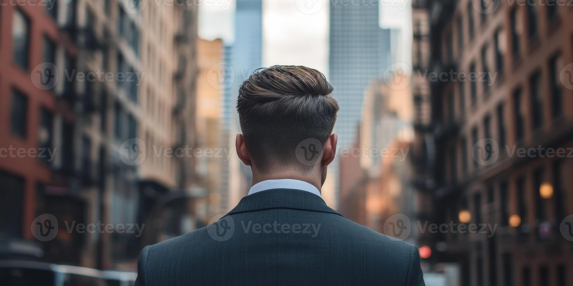Businessman walking through a city street surrounded by tall buildings photo