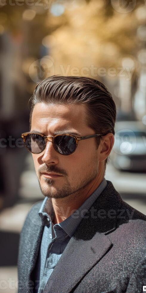 Stylish man with sunglasses walking in a city during autumn afternoon photo