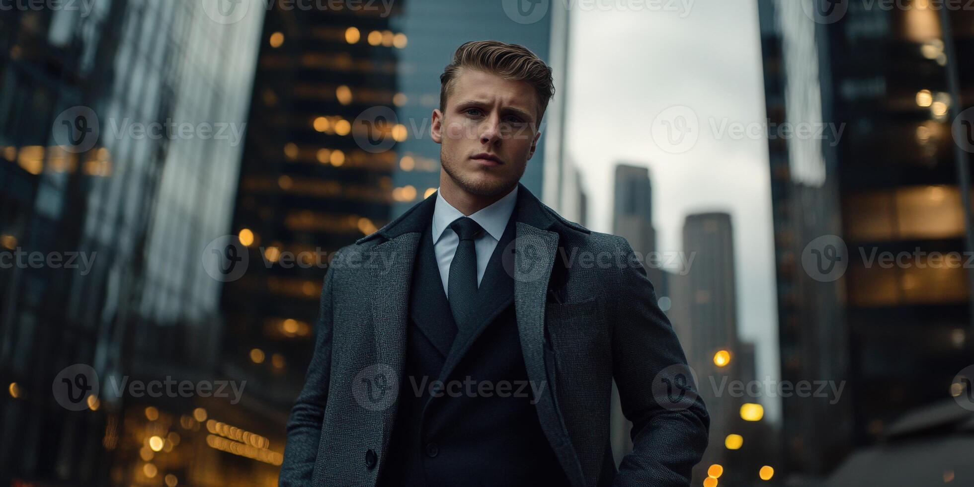 Businessman standing confidently in a modern cityscape during twilight photo