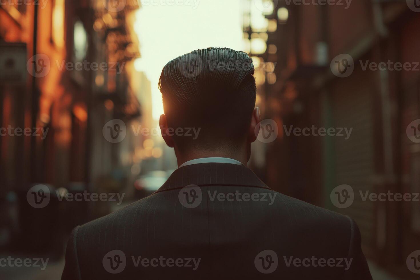 Man in a suit walking towards the sunset in an urban alleyway photo