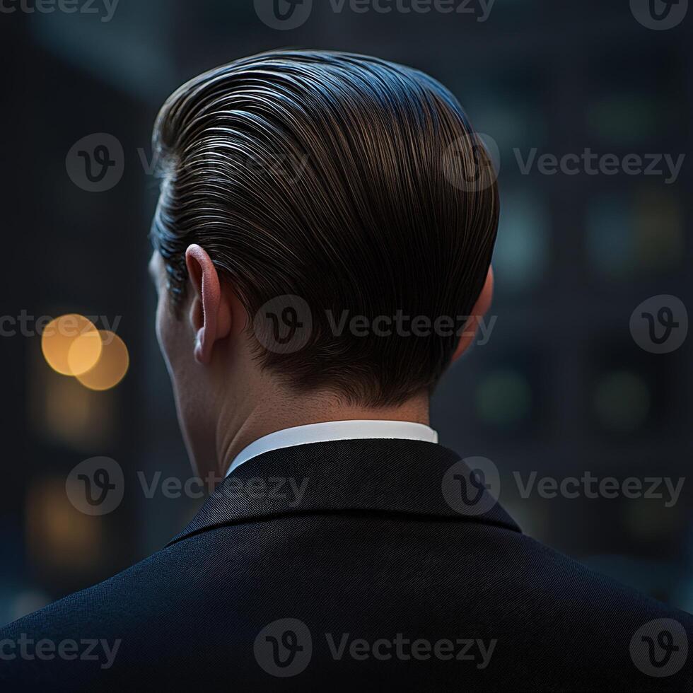 Elegant man with slicked-back hair gazes at city skyline at night photo