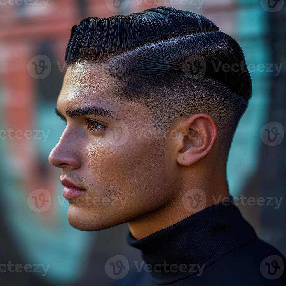 Portrait of a young man with a stylish haircut in an urban setting photo
