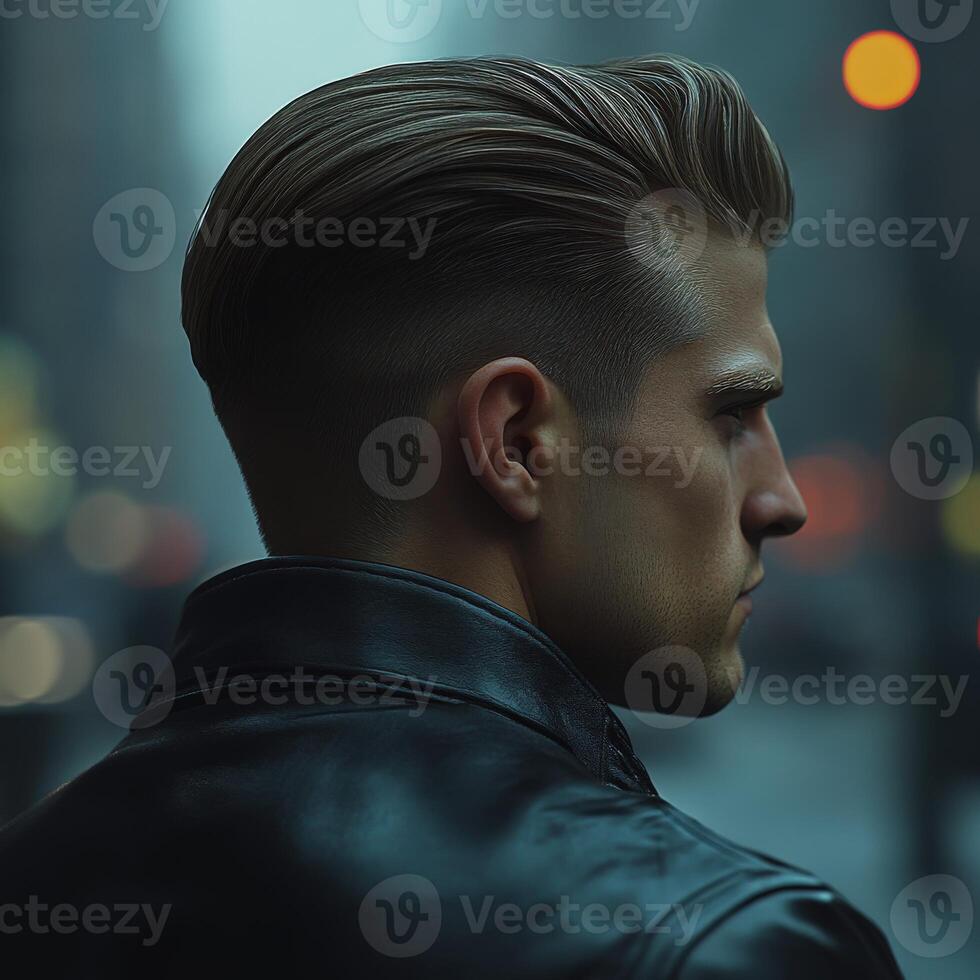 Young man with stylish haircut stands confidently on urban street at night photo