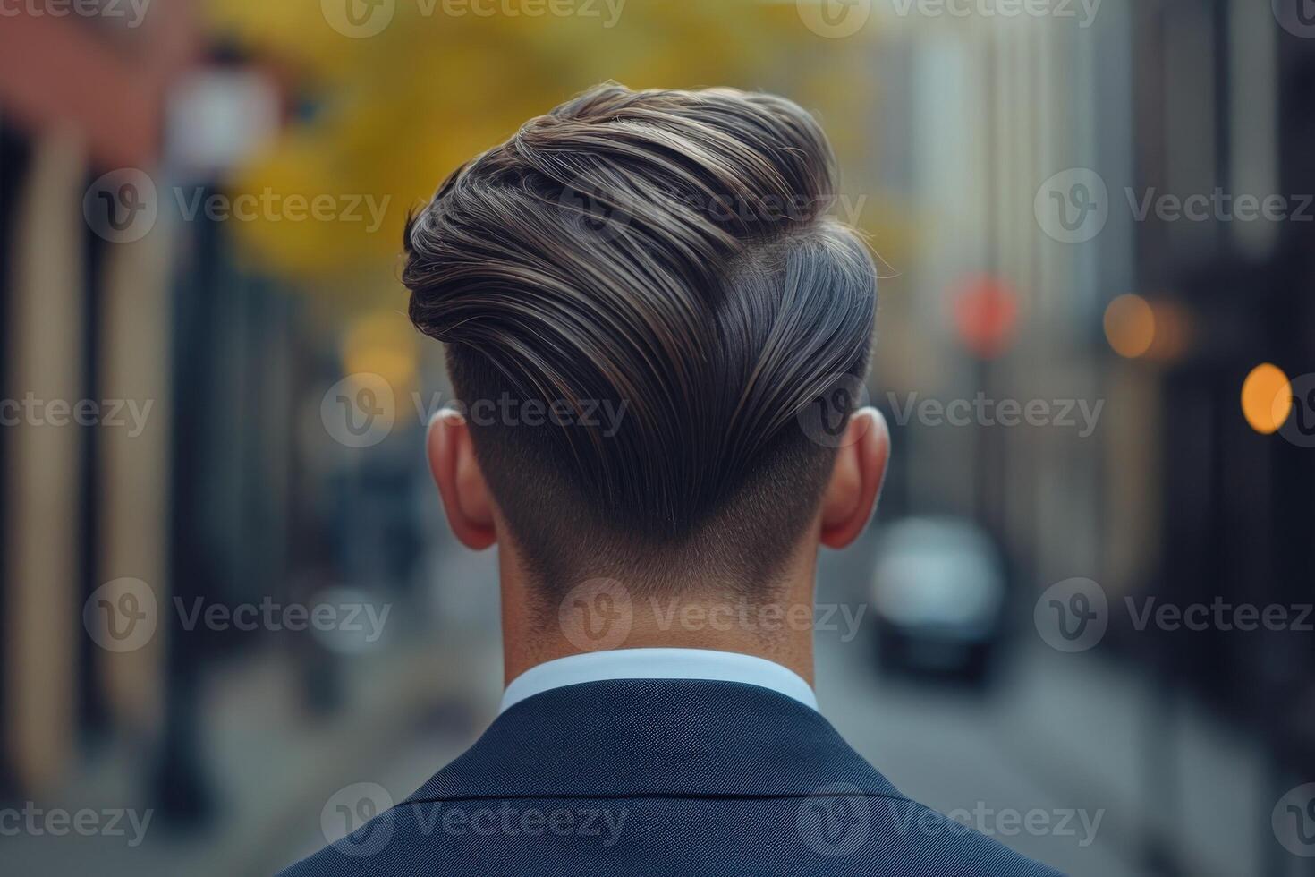 Stylish man with modern hairstyle walking in urban street during autumn photo
