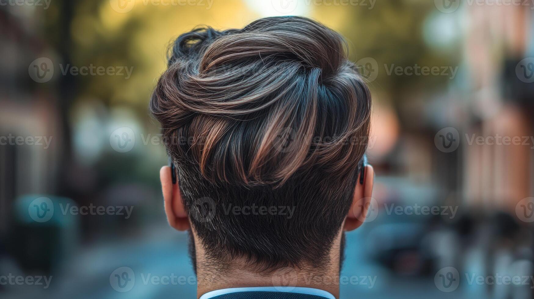 Man walking in a city street with stylish hair during the golden hour photo