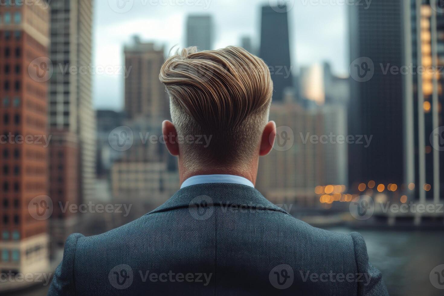 Elegant man with stylish haircut gazes at city skyline during twilight photo