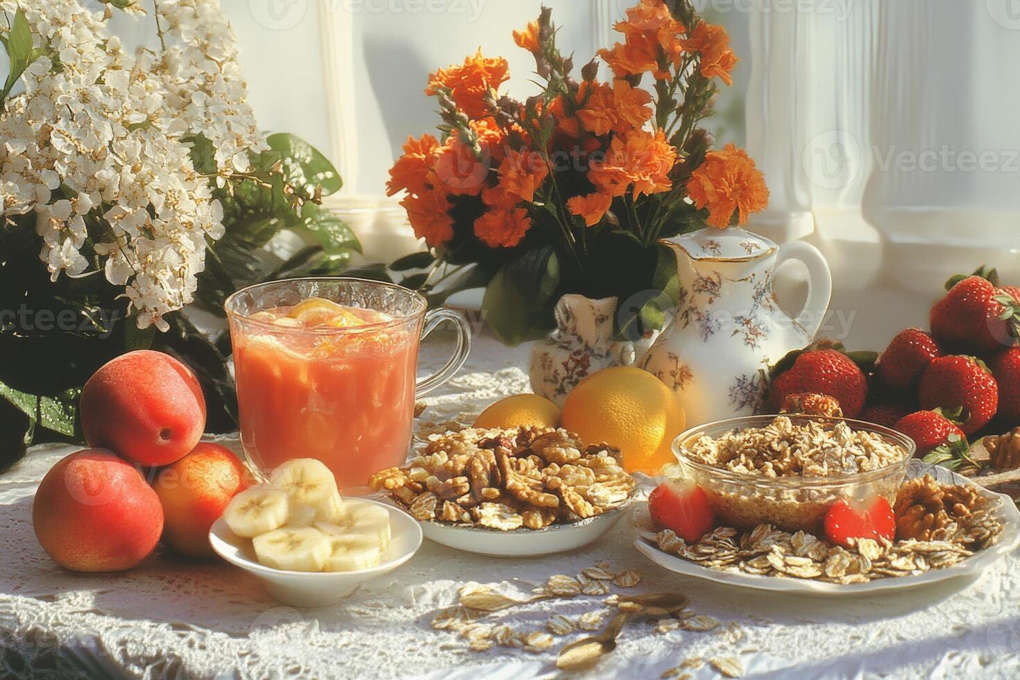 Fresh fruit and granola breakfast spread with flowers on a sunny table photo