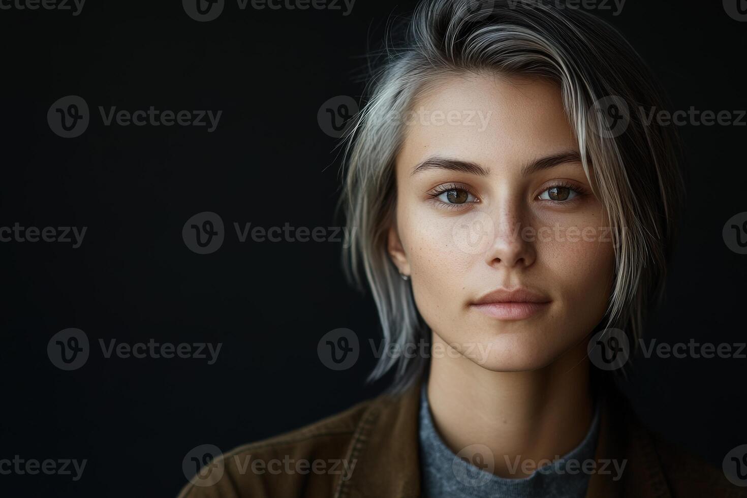 Young woman with striking silver hair posing against dark background photo