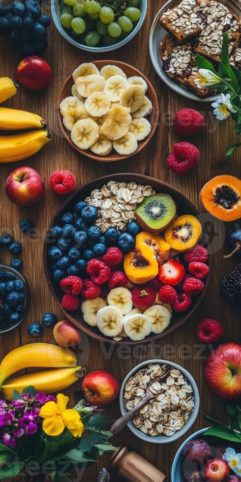Fresh fruit and oats display on wooden table in bright setting photo