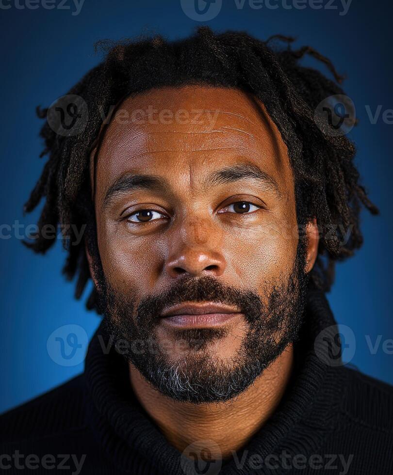Portrait of a man with dreadlocks against a blue background photo