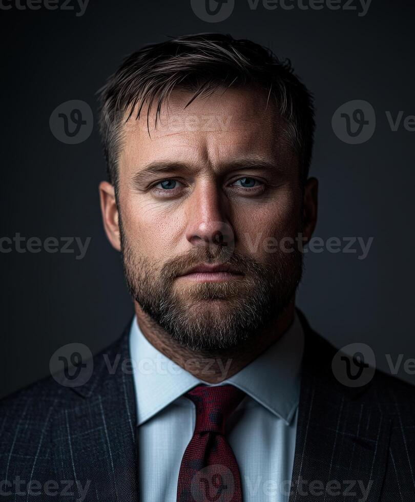 Confident businessman poses in tailored suit against dark backdrop photo