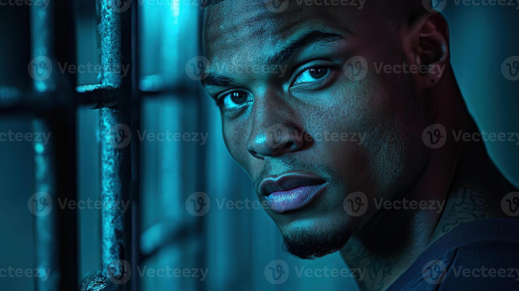 Intense portrait of a man gazing through bars in a dimly lit environment photo