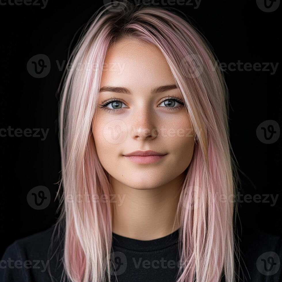 Young woman with pastel pink hair poses against a dark background photo