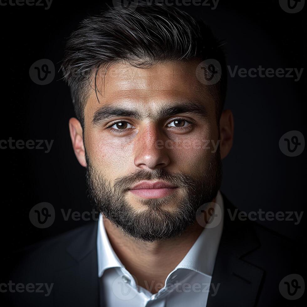 Serious man in formal attire with a strong expression in dark background photo