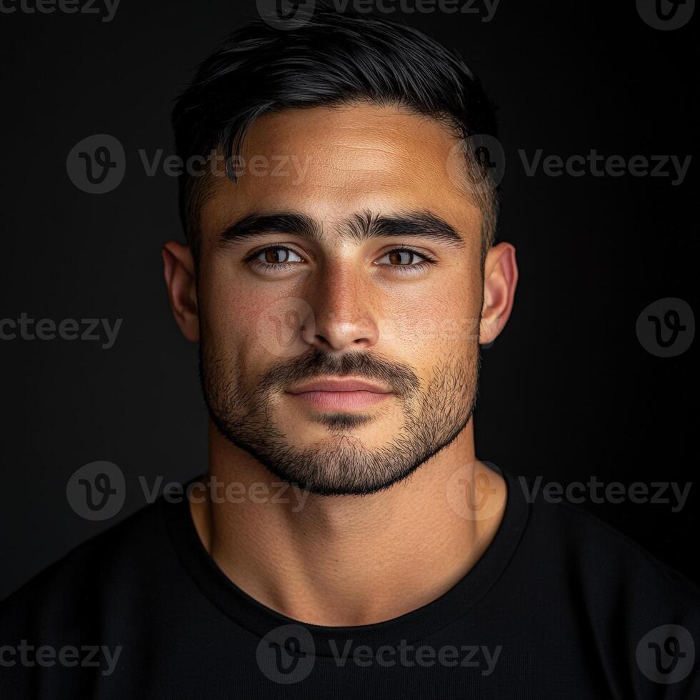 Young man with strong features and intense gaze in a dark setting photo