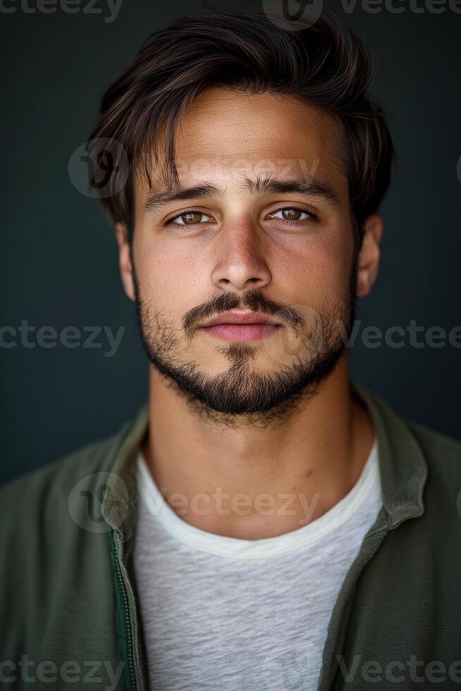 Handsome young man with striking features poses for a close-up portrait photo