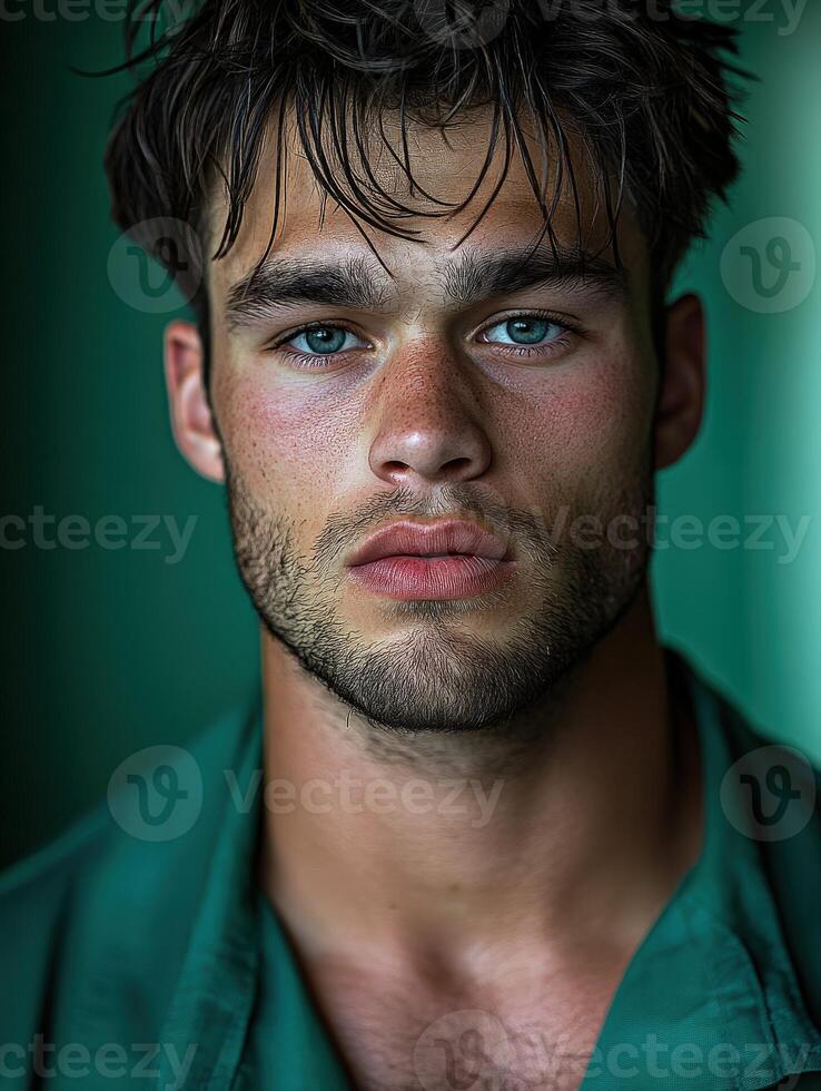Close-up portrait of a young man with striking blue eyes and tousled hair photo