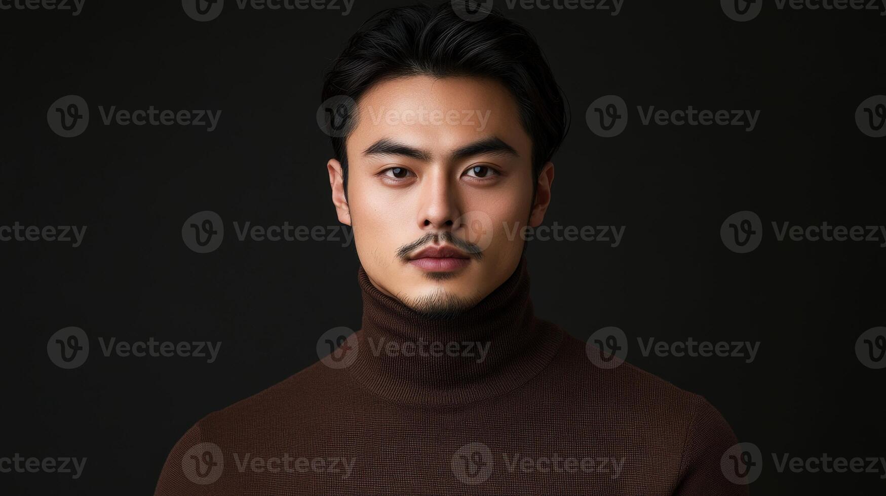 Confident man in brown turtleneck sweater poses against dark backdrop photo