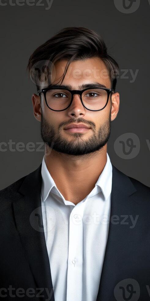 Young man in formal attire poses confidently against dark background photo