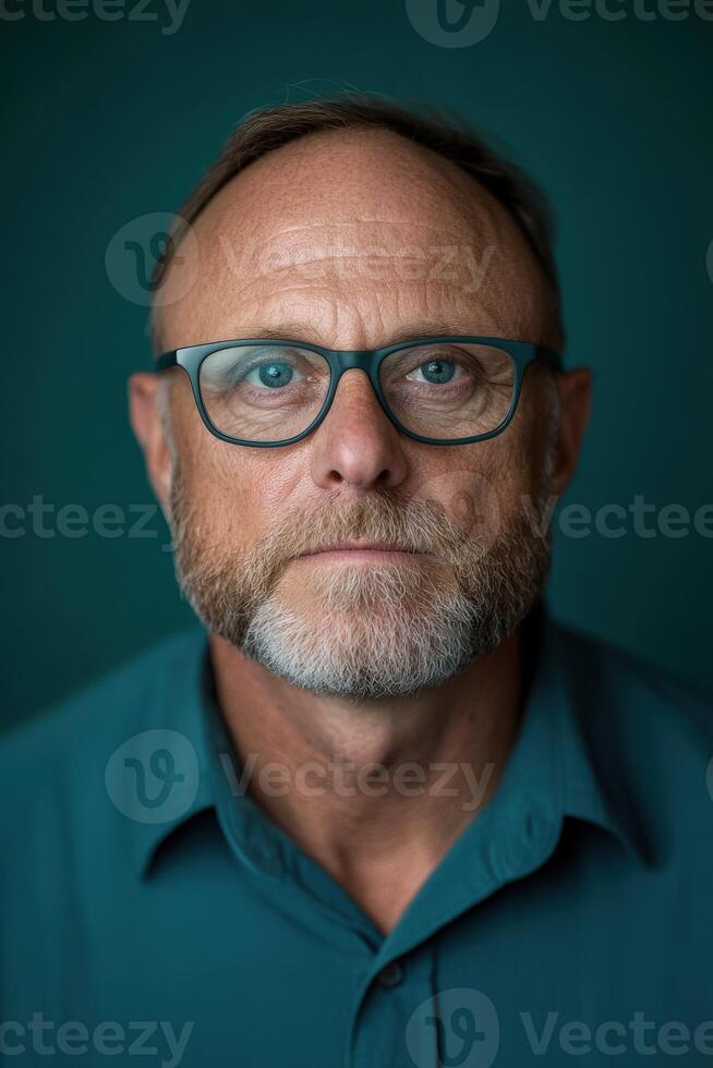 Middle-aged man with glasses and beard poses against teal backdrop photo