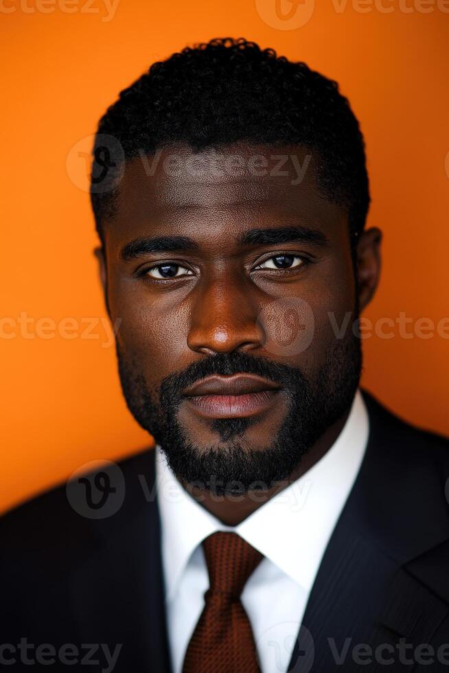 A well-dressed man stands confidently against a vibrant orange backdrop photo