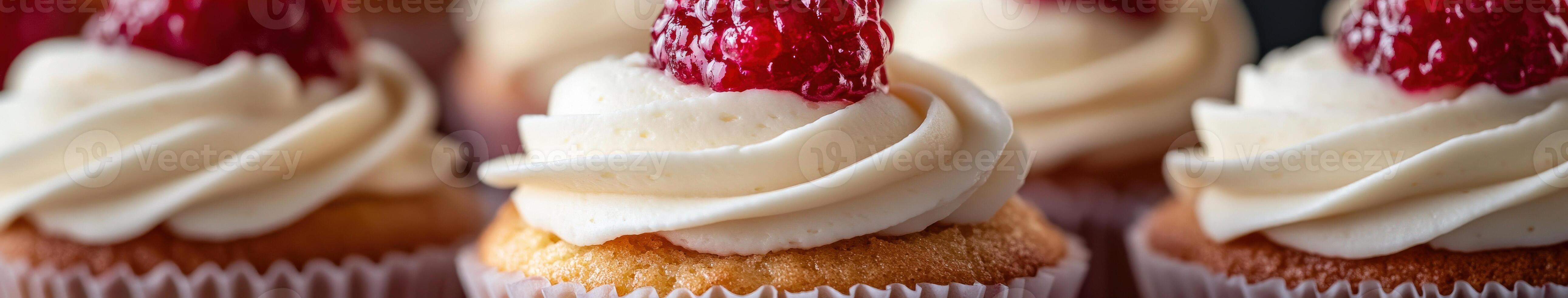 Delicious cupcakes topped with cream and cherry filling at a dessert table photo