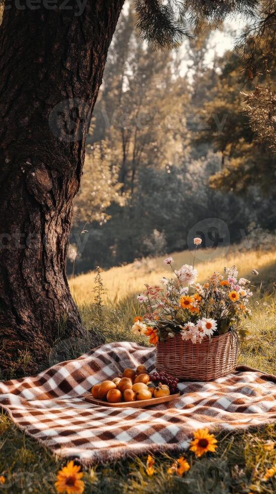 Cozy picnic setup with flowers and fruits in a serene forest setting photo