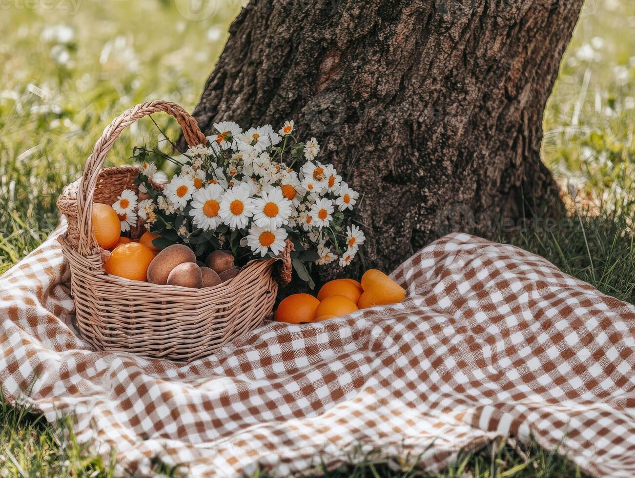 Beautiful picnic setup under a tree with flowers and fresh fruits photo