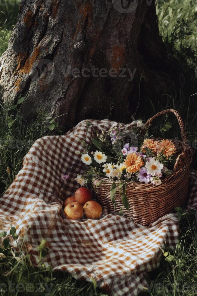 Basket of fresh flowers and fruits resting under a tree in a sunny meadow photo