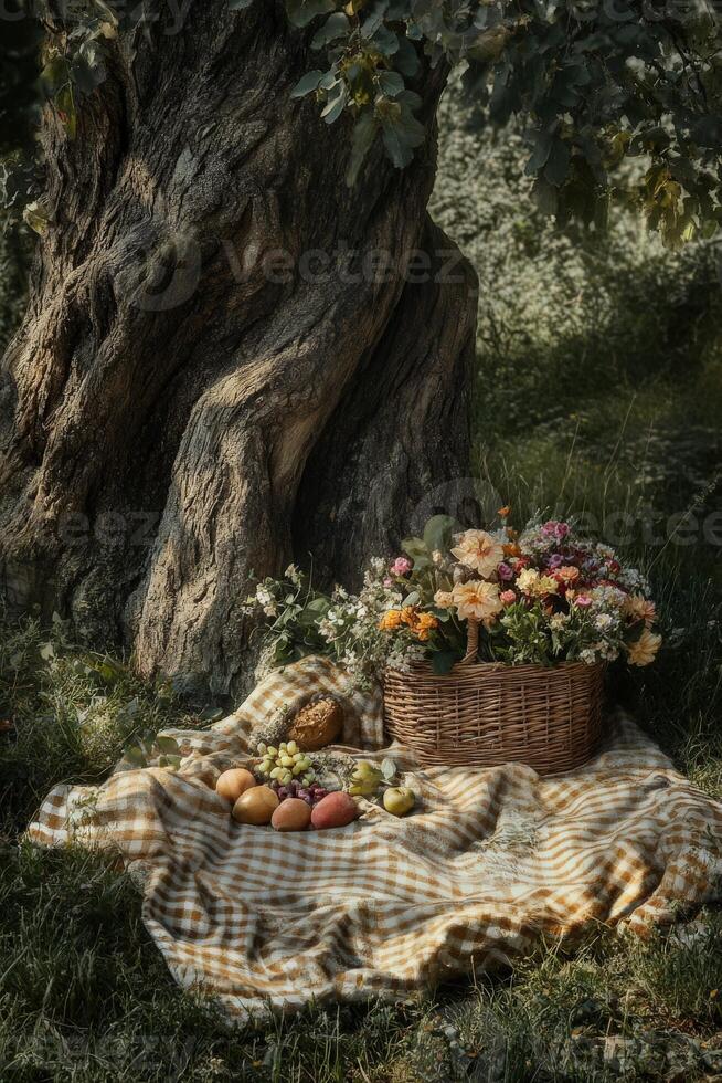 Basket of flowers and fruits on a picnic blanket under a tree in nature photo