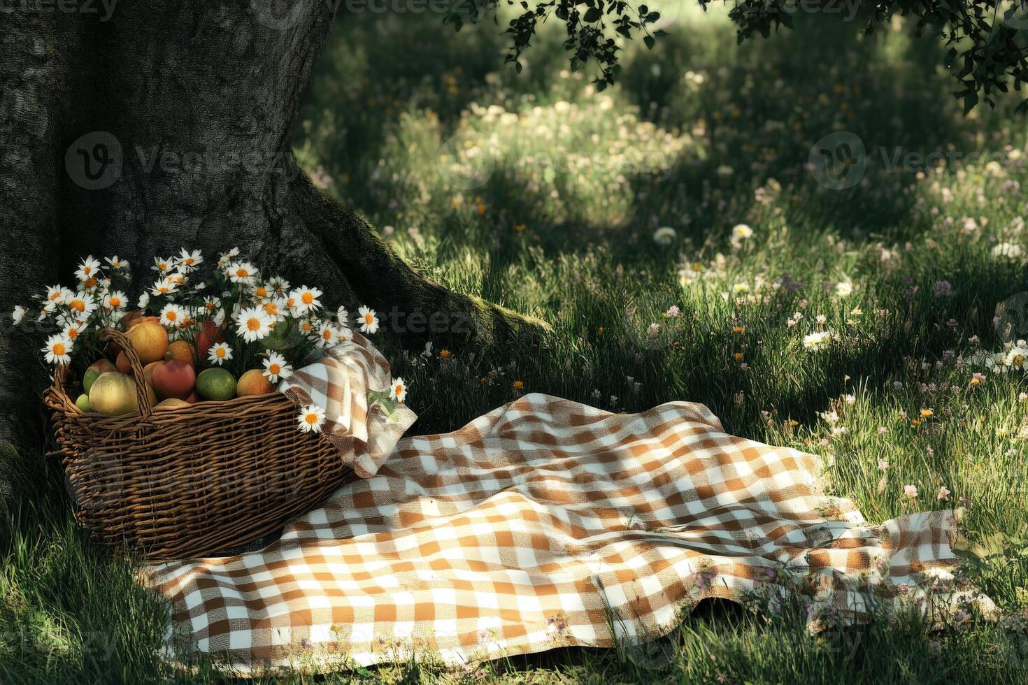 Enjoying a picnic under a tree with a basket of fresh fruits and flowers photo