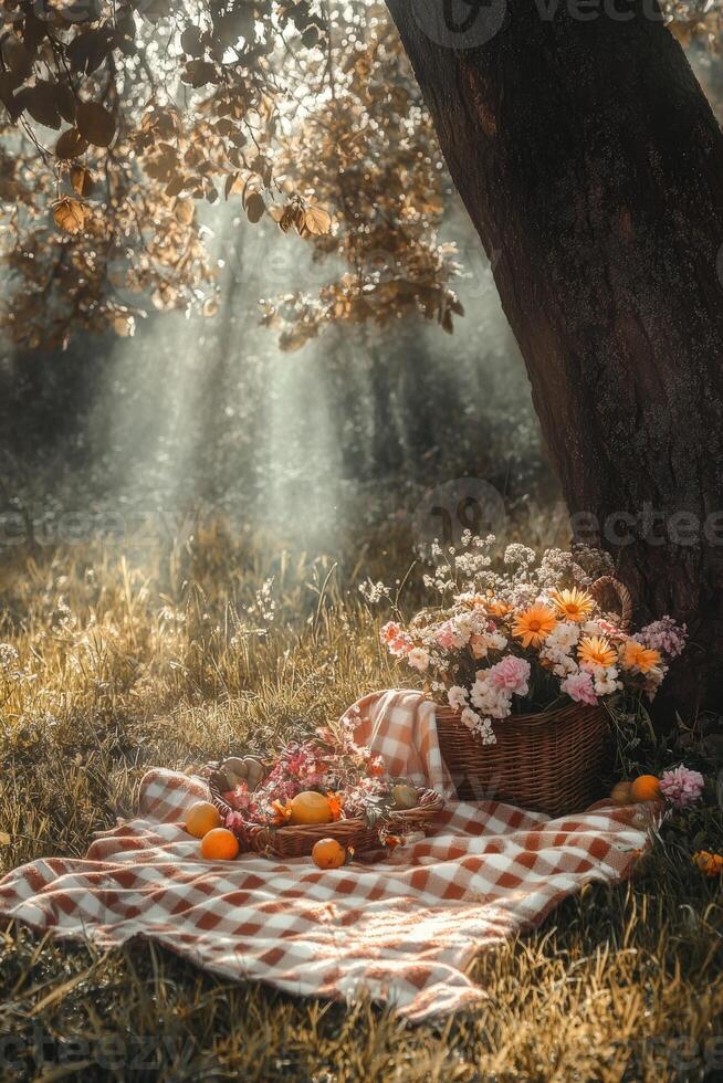Sunlight filtering through trees during a peaceful picnic in the park photo