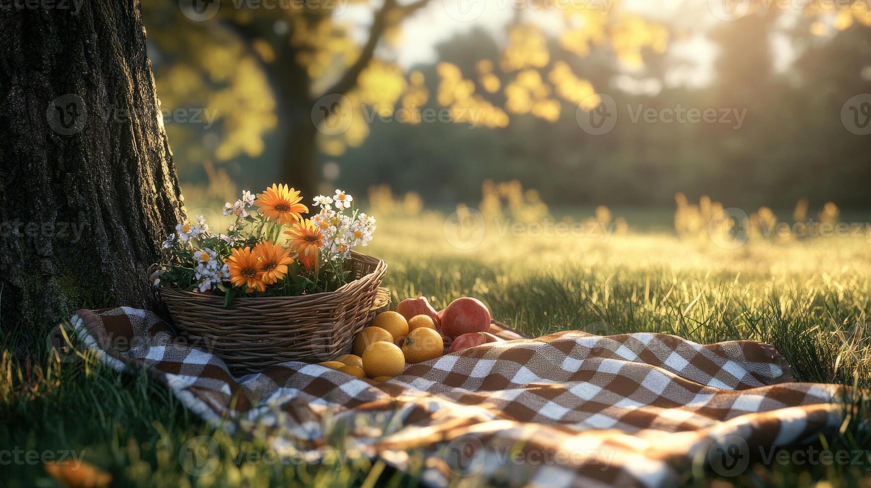 Enjoying a peaceful picnic under a tree in a sunlit park with flowers photo