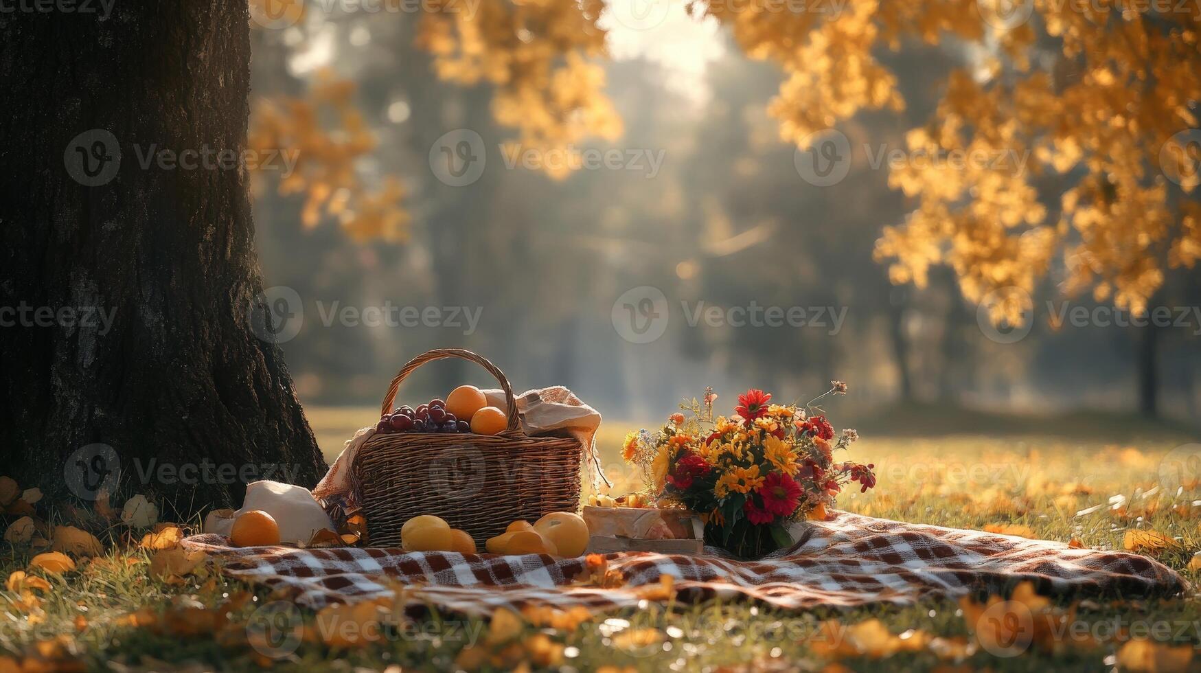 Enjoying a vibrant autumn picnic under a tree with colorful leaves photo