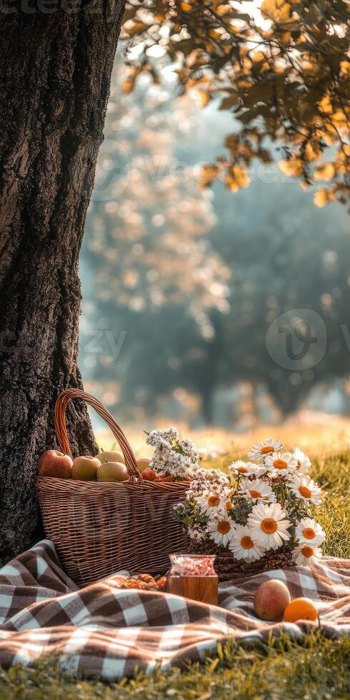 Enjoying a peaceful picnic under a tree during a sunny afternoon photo