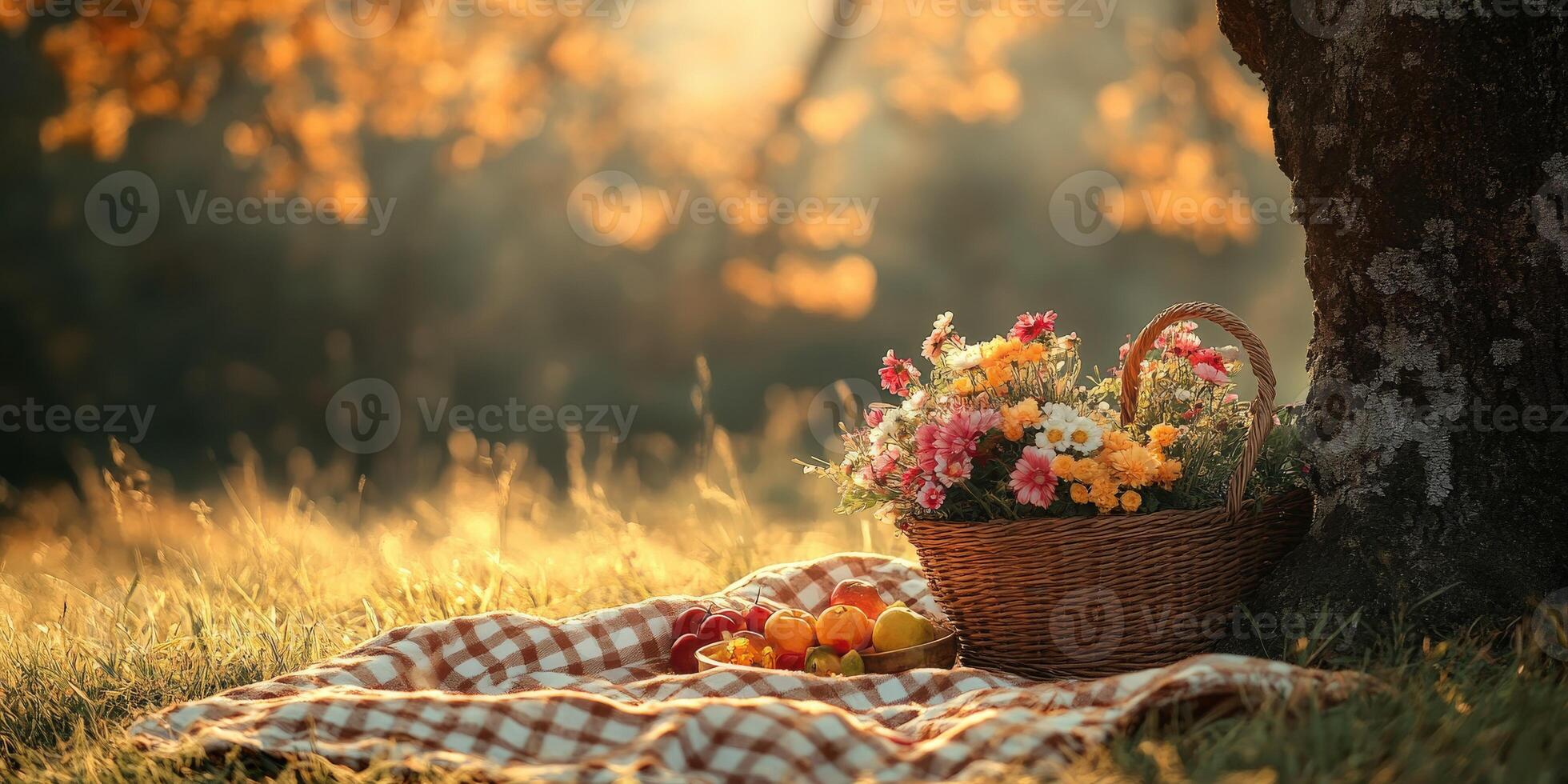 Picnic setup under a tree with flowers and fruits in a sunny garden photo