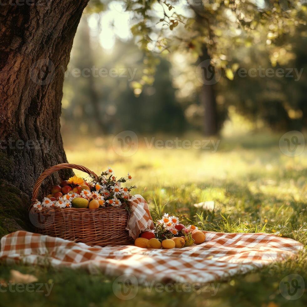Relaxing picnic under a tree with a basket of fresh fruits and flowers photo