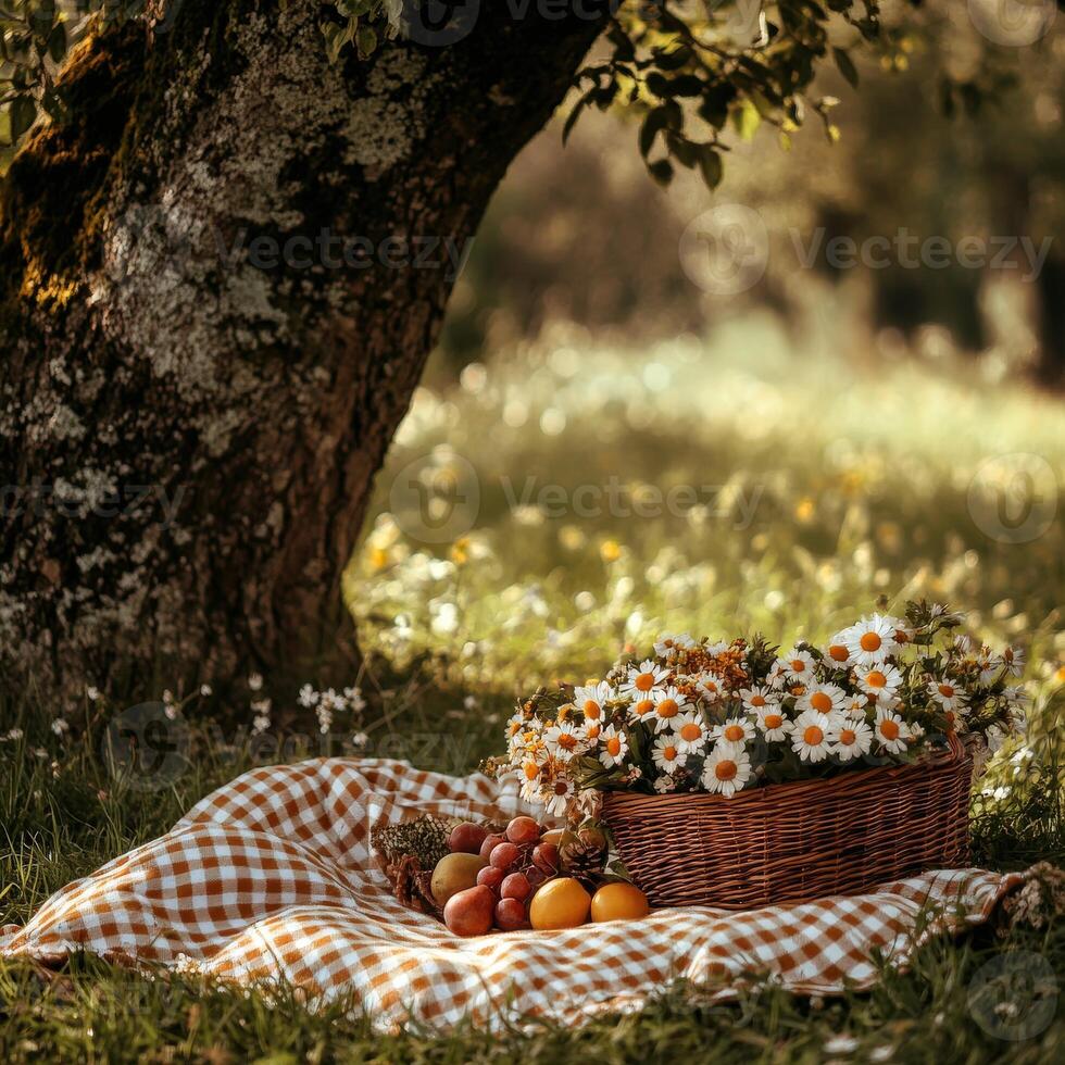 Picnic setup under a tree with flowers and fruits on a sunny day photo