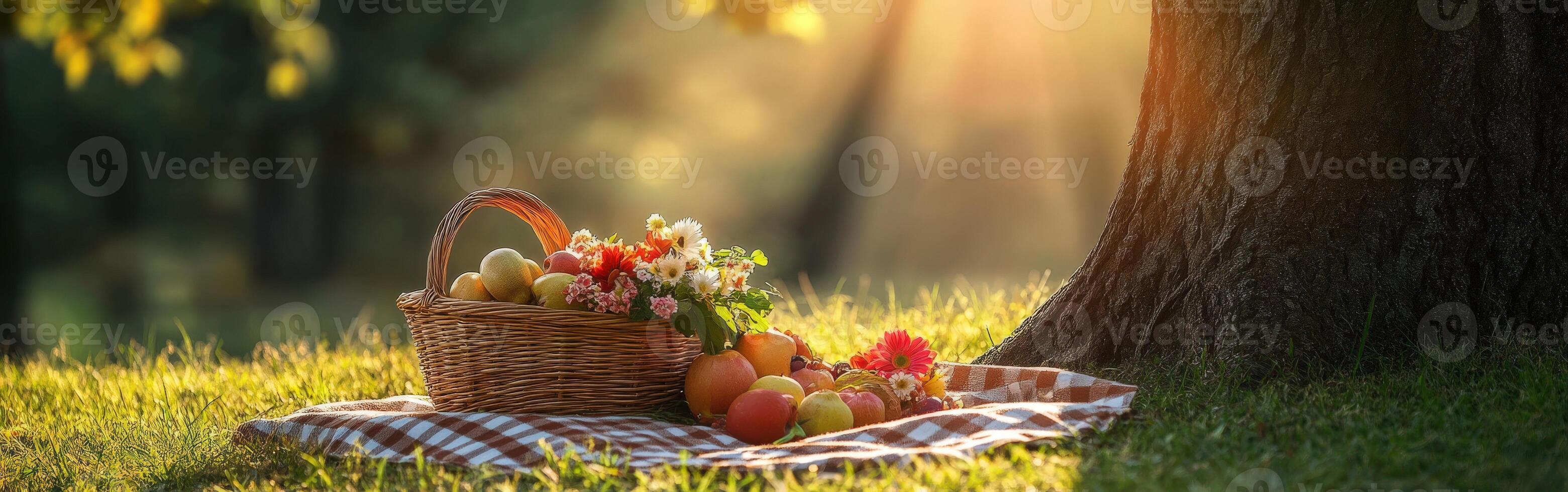 Elegant picnic setup by a tree with fresh fruits and flowers in sunlight photo