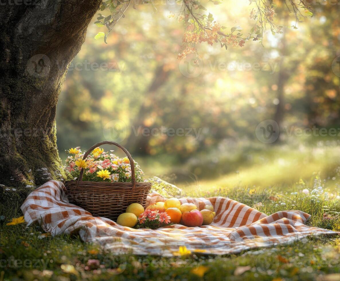 Enjoying a spring picnic with flowers and fresh fruits under a tree photo